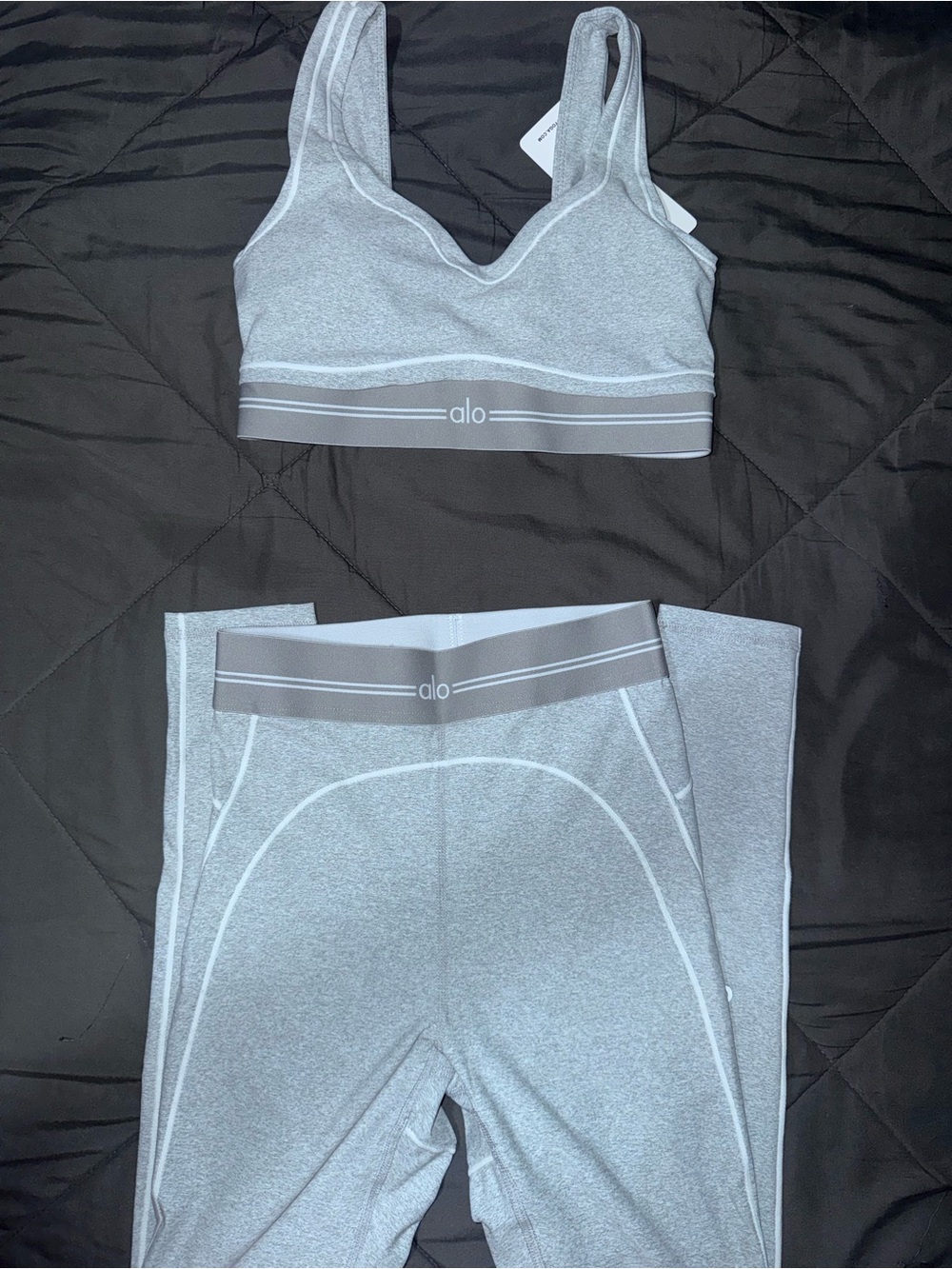 ALO Yoga Light Gray Seamless Sports Bra and Leggings Set